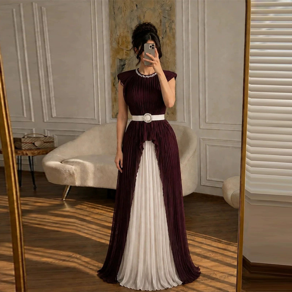 Forever 21 Summer Round-Neck Rhinestone Belt Pleated Colorblock Elegant Dress